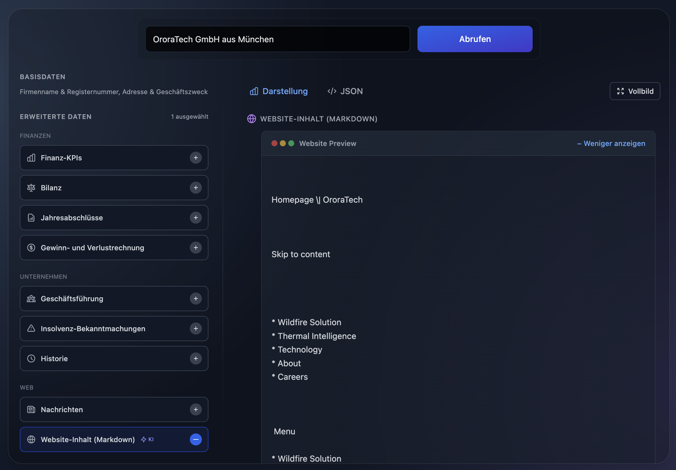 AI Mode Interface mit der Website-Inhalt (Markdown) Option